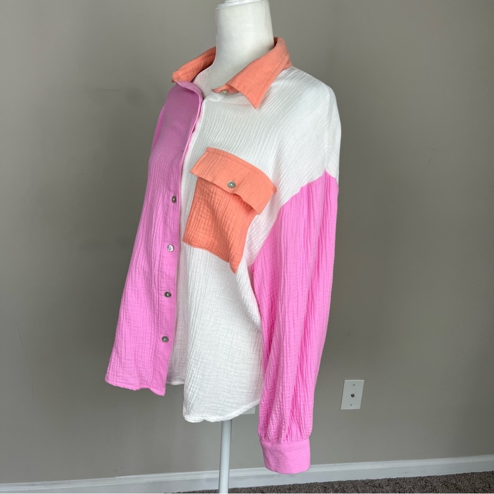 ENTRO COLOR BLOCK BUTTON UP COLLARED COTTON GAUZY TOP SIZE SMALL - Picture 11 of 15